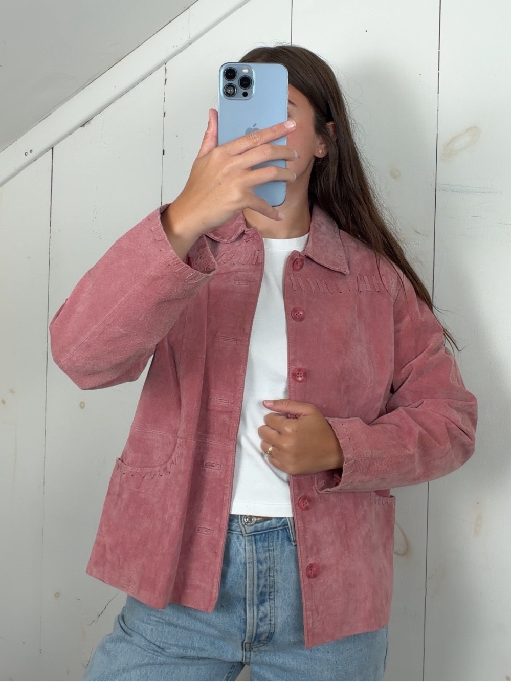 Vintage Y2K Pink Suede Lsather Button Front Jacket Women’s Medium Woven Trim